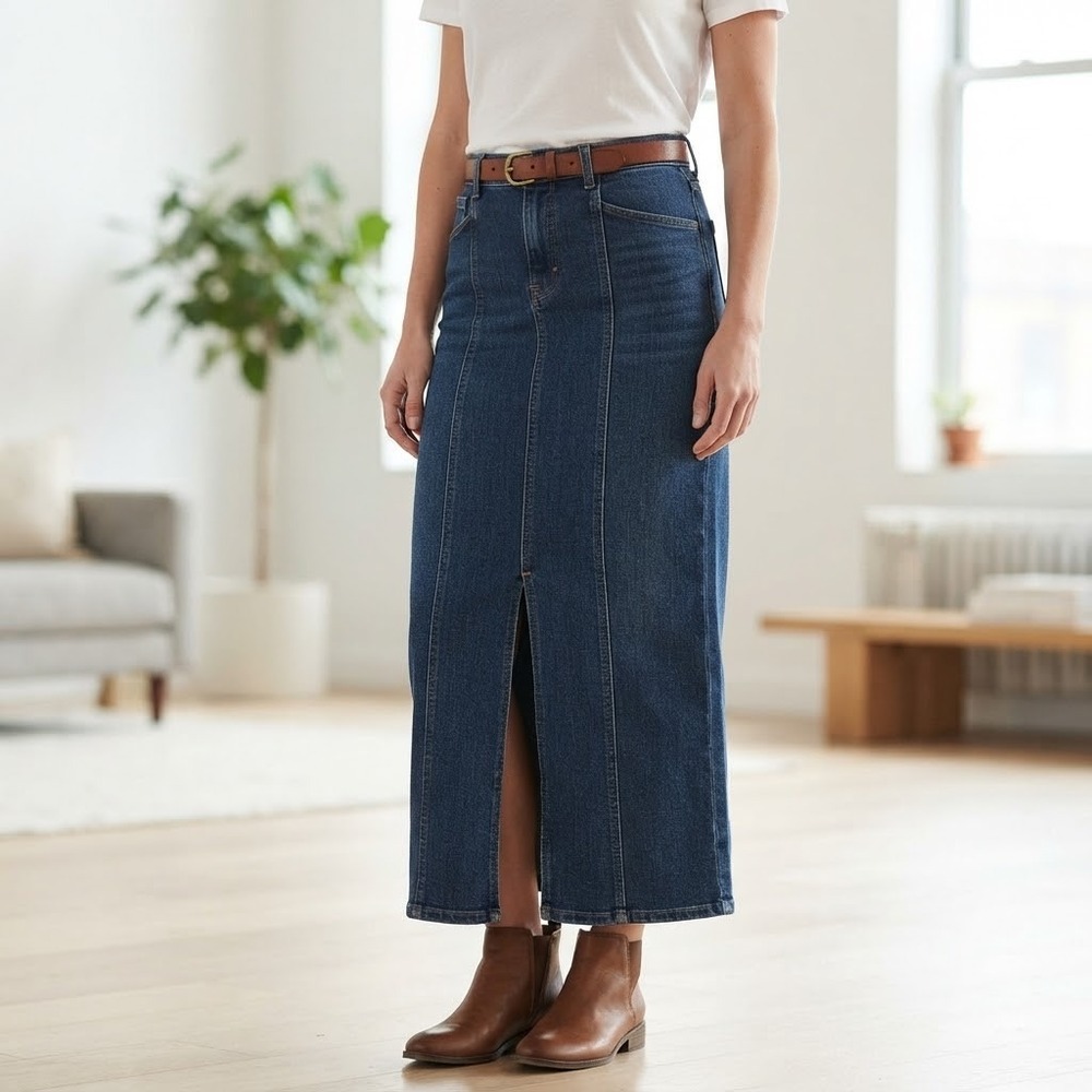 Vintage Womens Denim Maxi Skirt Size 10 Medium Wash Cotton Long Front Slit